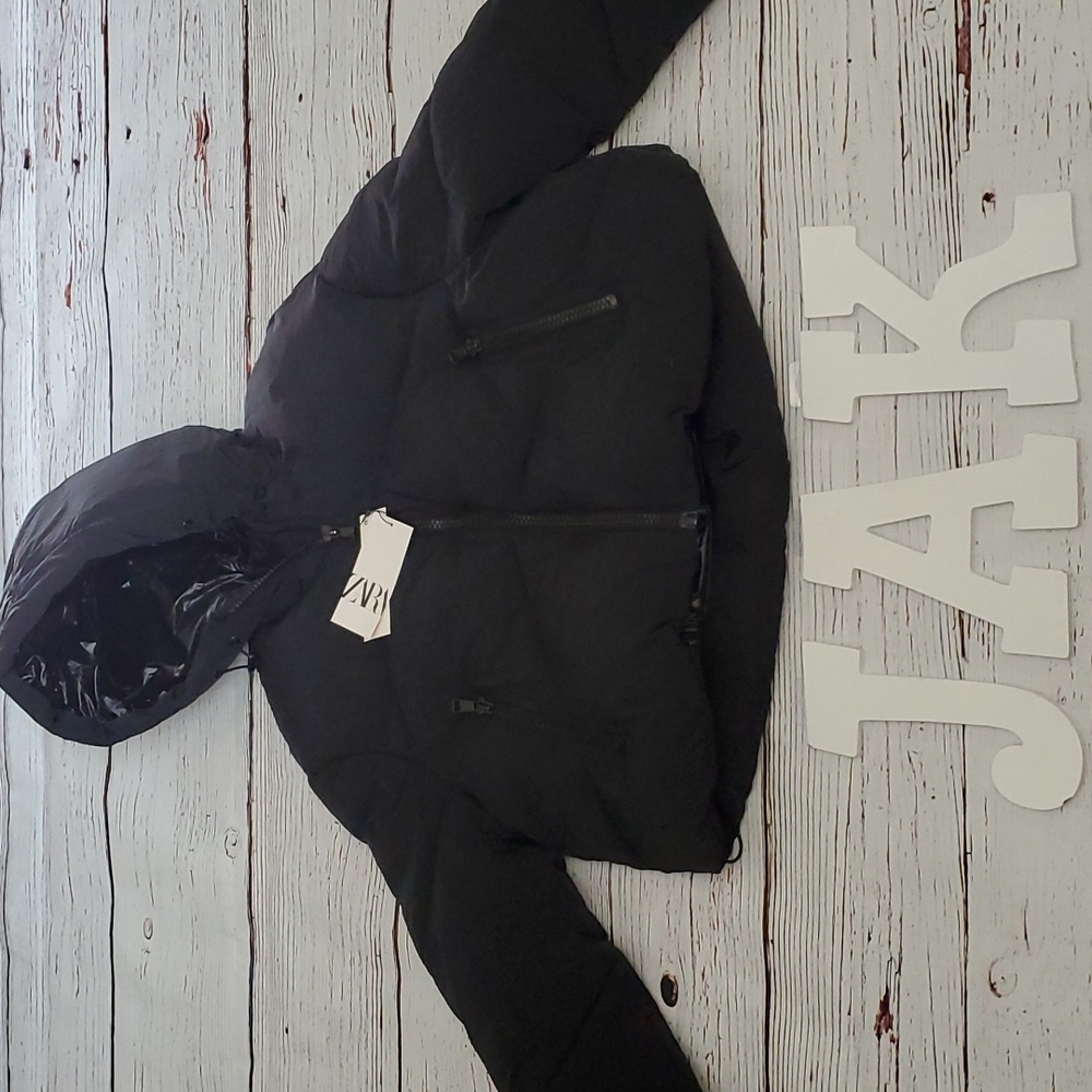 🆕️ ZARA BLACK WOMEN'S PUFFER JACKET WITH HOOD